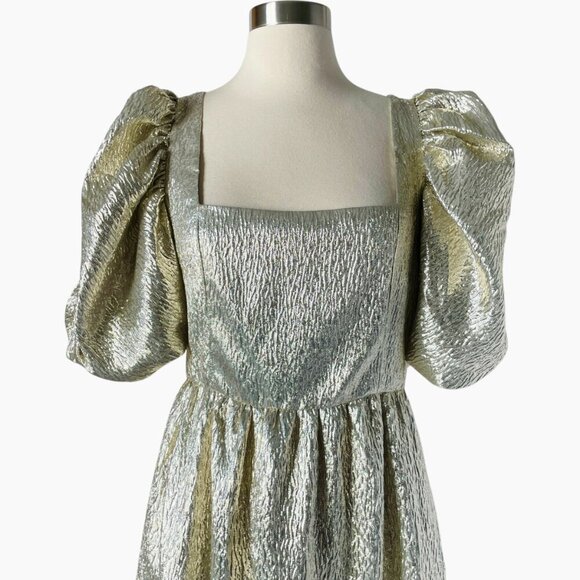 Loeffler Randall Elisa Puff Sleeve Gold Midi Evening Dress Size 4 - Picture 5 of 10